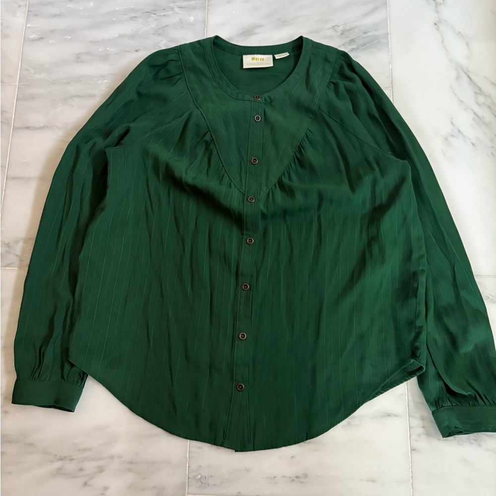 Maeve by Anthropologie Avignon Dark Green Pleated Button Front Stripe Blouse
